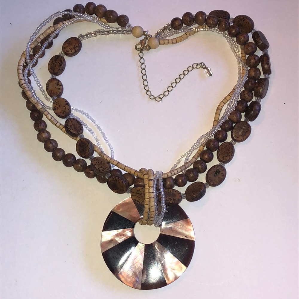Elegant Brown and Cream Inlaid Mother of Pearl Boho Statement Necklace